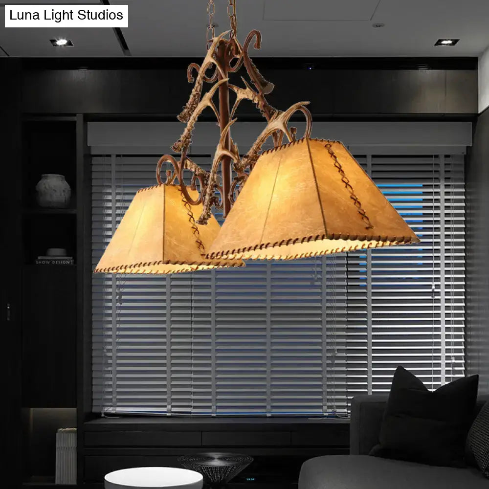 DecorBites traditional brown fabric trapezoid island chandelier with two warm leather shades for living room 220v-240v 110v-120v