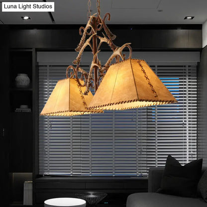 DecorBites traditional brown fabric trapezoid island chandelier with two warm leather shades for living room 220v-240v 110v-120v