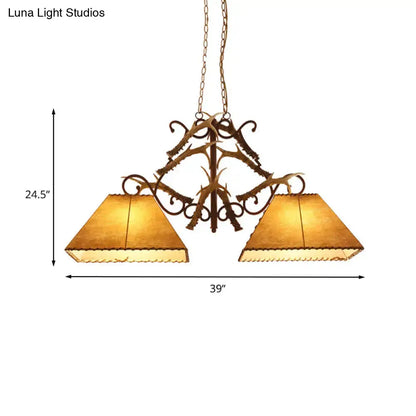 Antique bronze wrought iron decorbites traditional brown fabric trapezoid island chandelier with 2 heads for living room compatible with 220v-240v 110v-120v led incandescent fluorescent bulbs