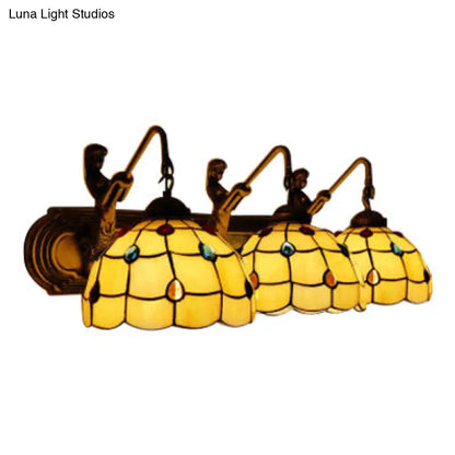 Aplique de pared antiguo de bronce con cristal amarillo Tiffany y diseño de rejilla - 1 cabezal