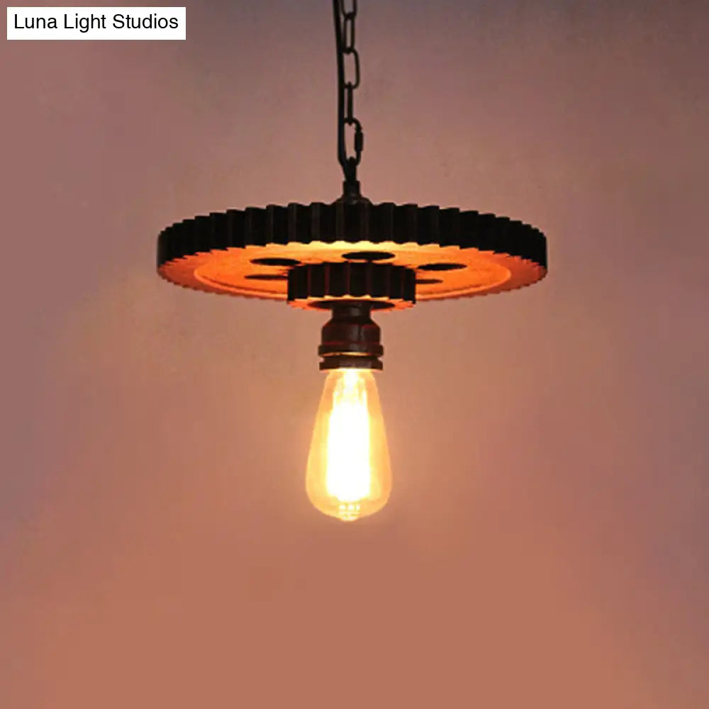 Lámpara de araña antigua de bronce con engranajes tallados en madera: Lámpara colgante estilo loft con iluminación descendente tipo bistró de 1/3/7 bombillas.