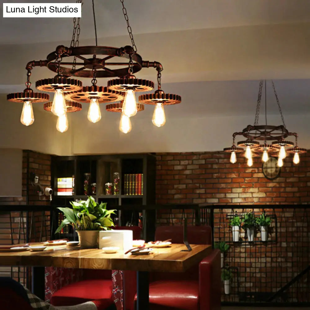 Lámpara de araña antigua de bronce con engranajes tallados en madera: Lámpara colgante estilo loft con iluminación descendente tipo bistró de 1/3/7 bombillas.