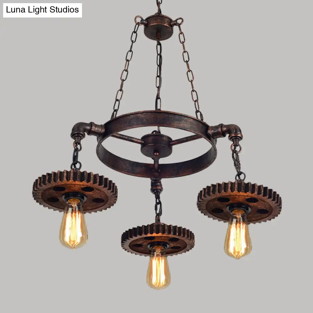 Lámpara de araña antigua de bronce con engranajes tallados en madera: Lámpara colgante estilo loft con iluminación descendente tipo bistró de 1/3/7 bombillas.