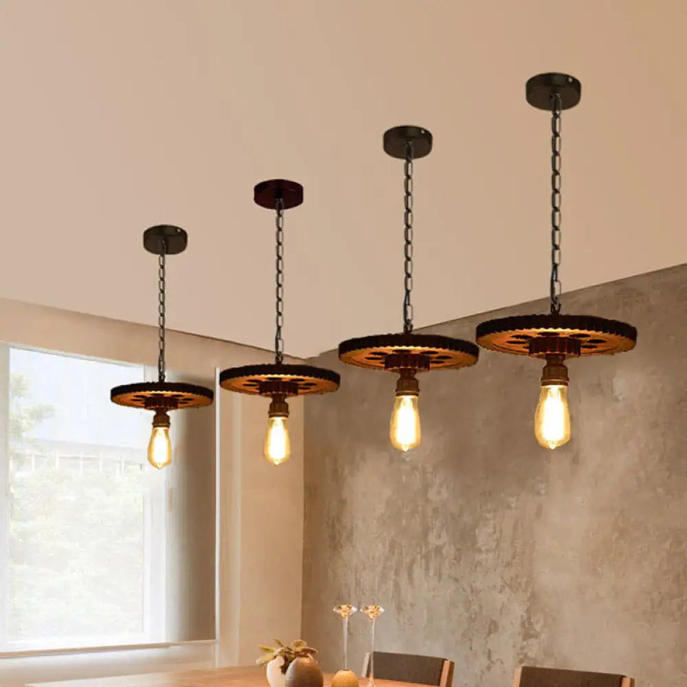 Lámpara de araña antigua de bronce con engranajes tallados en madera: Lámpara colgante estilo loft con iluminación descendente tipo bistró de 1/3/7 bombillas.