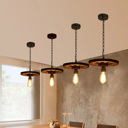 Lámpara de araña antigua de bronce con engranajes tallados en madera: Lámpara colgante estilo loft con iluminación descendente tipo bistró de 1/3/7 bombillas.
