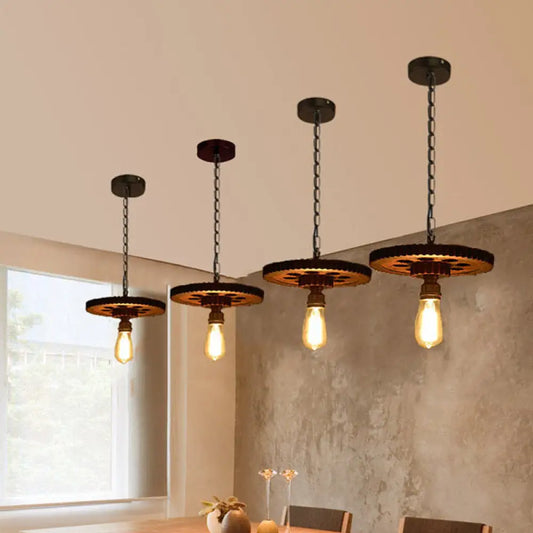 Lámpara de araña antigua de bronce con engranajes tallados en madera: Lámpara colgante estilo loft con iluminación descendente tipo bistró de 1/3/7 bombillas.