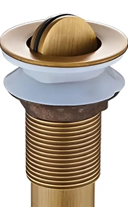 Antique brushed brass pop up sink drain with a rounded domed lid and threaded body by decorbites brass pop
