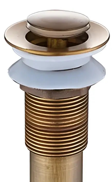 Antique brushed brass pop up sink drain with brass pop finish featuring a sleek circular flange and ridged threaded body