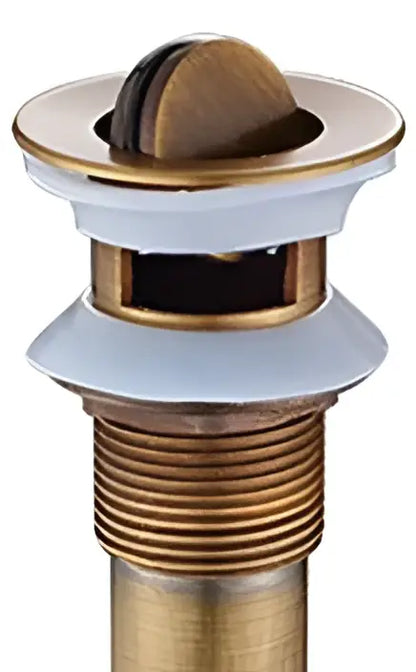 Antique brushed brass pop up sink drain stopper with gold-toned overflow drain and decorbites brass pop finish