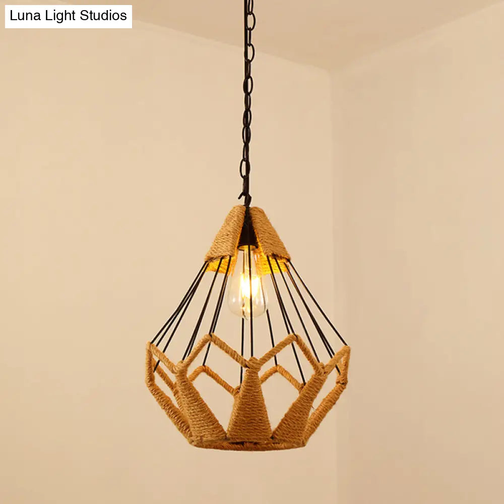 Antique Caged Pendant Light with Hemp Rope - Brown 1-Light Pendant for Restaurants