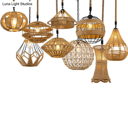 Antique Caged Pendant Light with Hemp Rope - Brown 1-Light Pendant for Restaurants