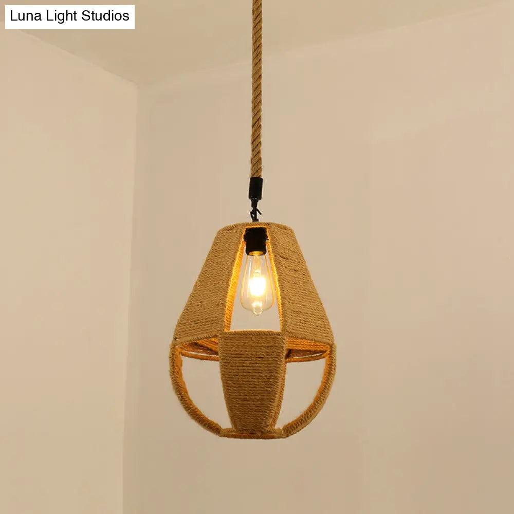 Antique Caged Pendant Light with Hemp Rope - Brown 1-Light Pendant for Restaurants