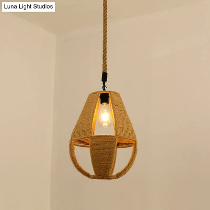 Antique Caged Pendant Light with Hemp Rope - Brown 1-Light Pendant for Restaurants