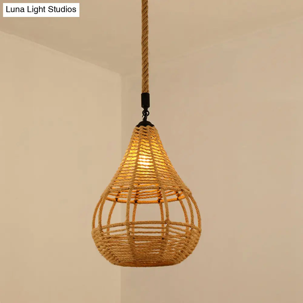 Antique Caged Pendant Light with Hemp Rope - Brown 1-Light Pendant for Restaurants