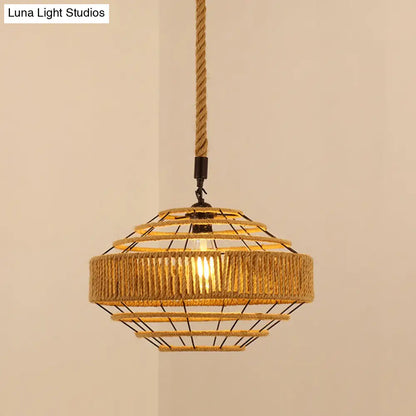 Antique Caged Pendant Light with Hemp Rope - Brown 1-Light Pendant for Restaurants