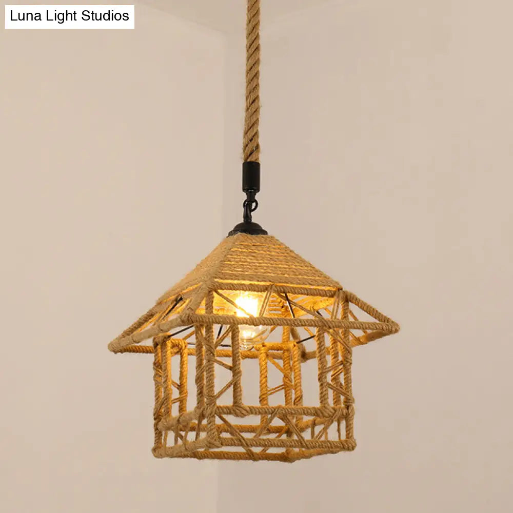 Antique Caged Pendant Light with Hemp Rope - Brown 1-Light Pendant for Restaurants