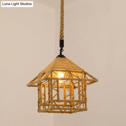 Antique Caged Pendant Light with Hemp Rope - Brown 1-Light Pendant for Restaurants