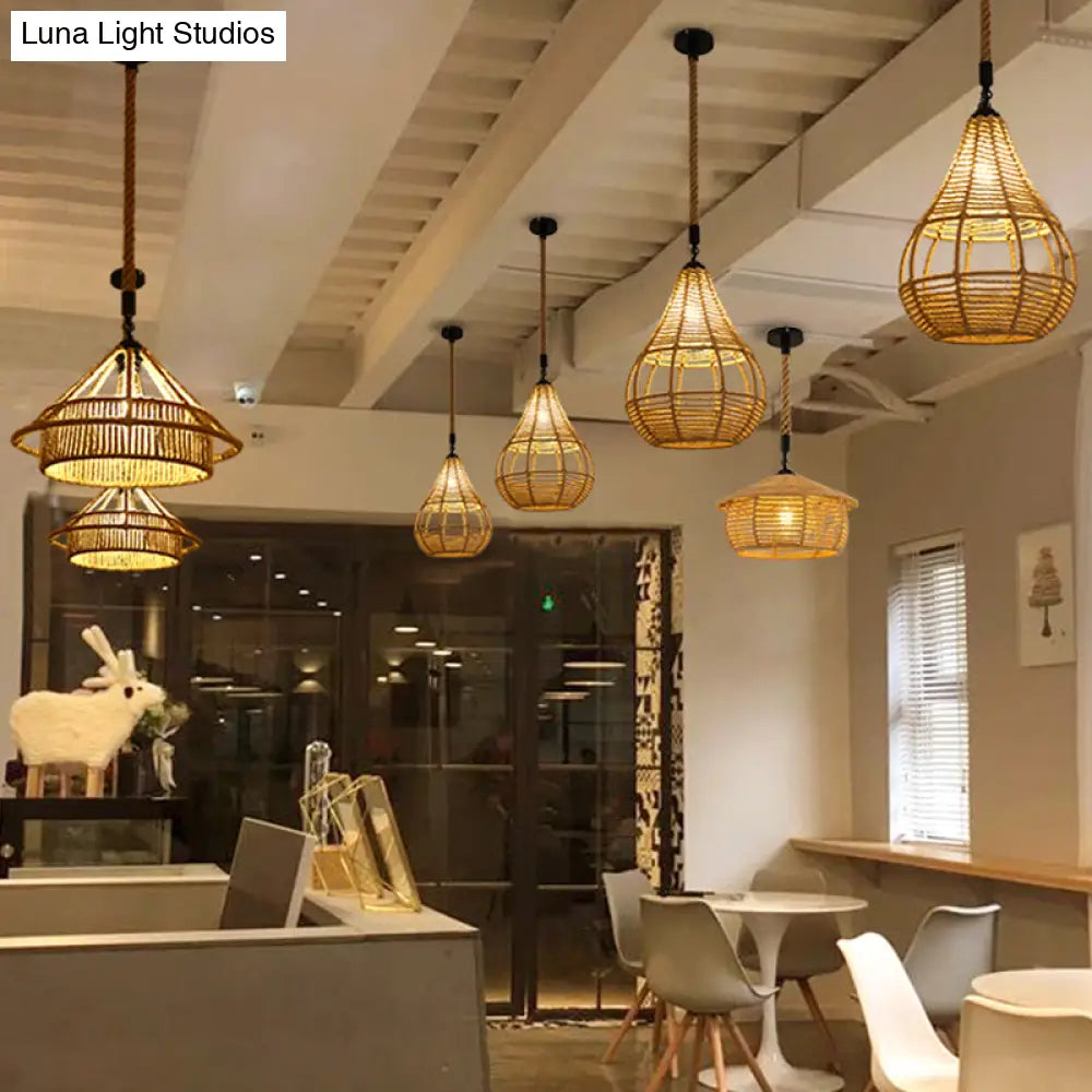 Antique Caged Pendant Light with Hemp Rope - Brown 1-Light Pendant for Restaurants