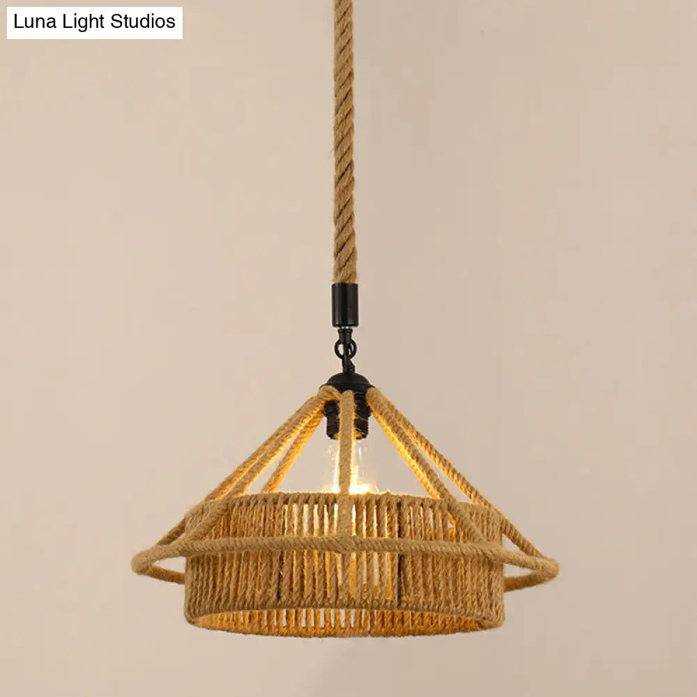 Antique Caged Pendant Light with Hemp Rope - Brown 1-Light Pendant for Restaurants