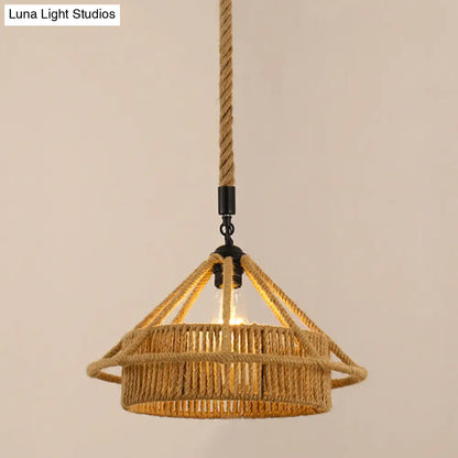 Antique Caged Pendant Light with Hemp Rope - Brown 1-Light Pendant for Restaurants