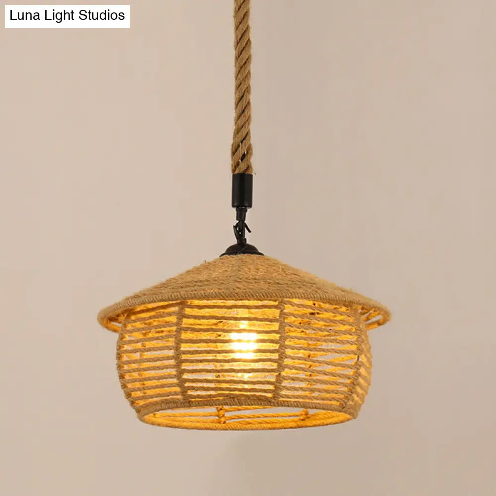 Antique Caged Pendant Light with Hemp Rope - Brown 1-Light Pendant for Restaurants