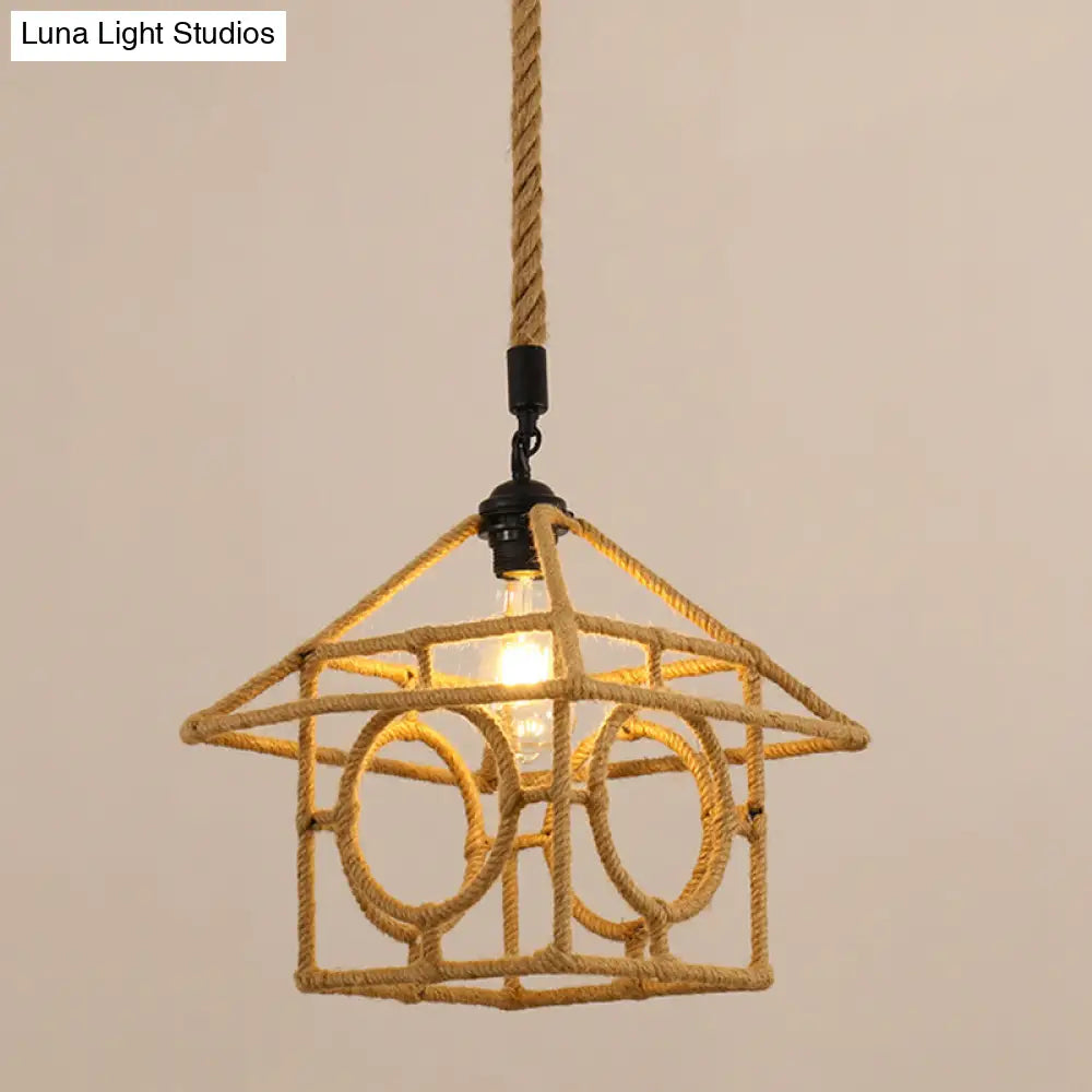 Antique Caged Pendant Light with Hemp Rope - Brown 1-Light Pendant for Restaurants