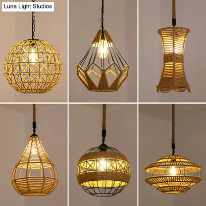 Antique Caged Pendant Light with Hemp Rope - Brown 1-Light Pendant for Restaurants