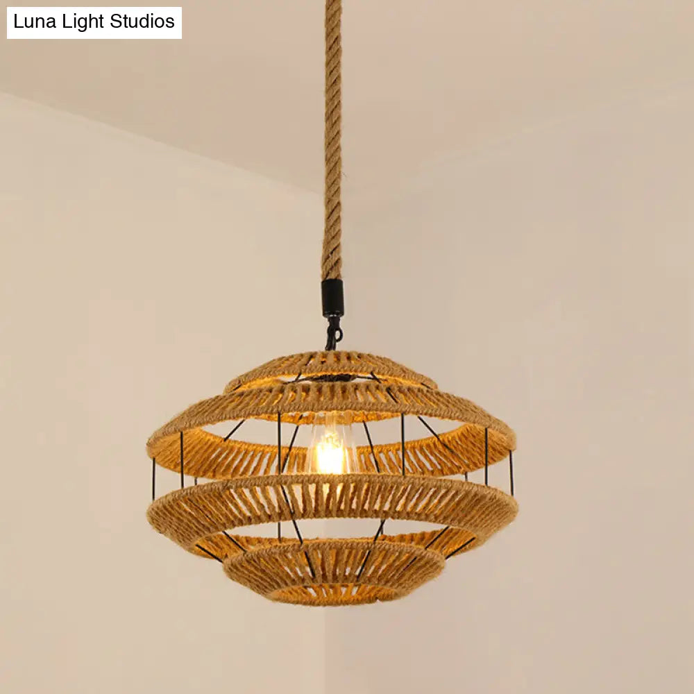 Antique Caged Pendant Light with Hemp Rope - Brown 1-Light Pendant for Restaurants