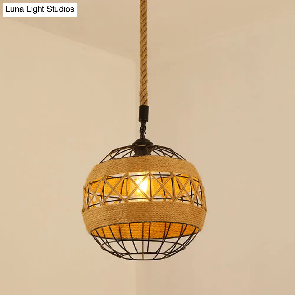 Antique Caged Pendant Light with Hemp Rope - Brown 1-Light Pendant for Restaurants