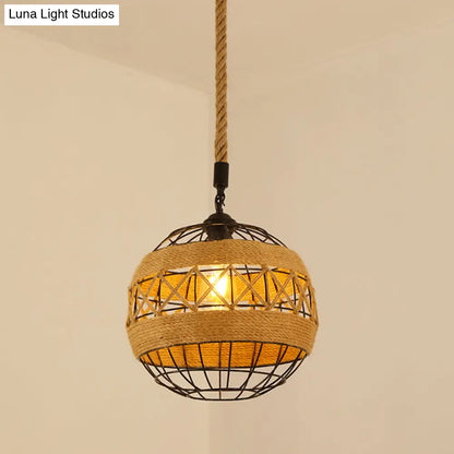 Antique Caged Pendant Light with Hemp Rope - Brown 1-Light Pendant for Restaurants