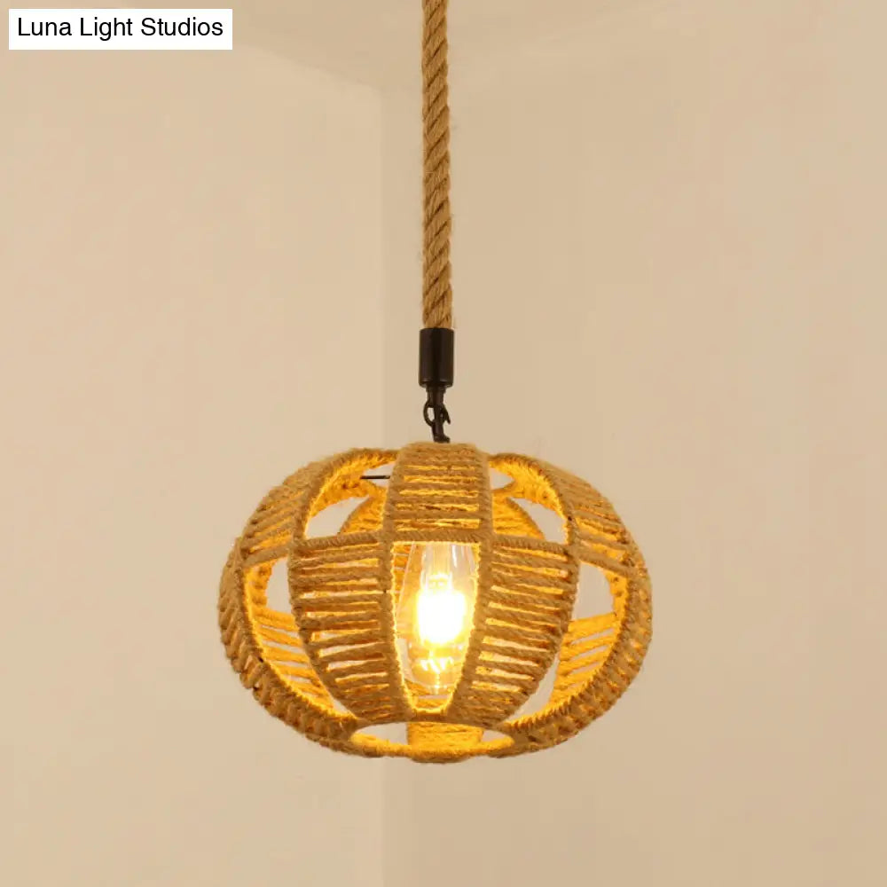 Antique Caged Pendant Light with Hemp Rope - Brown 1-Light Pendant for Restaurants