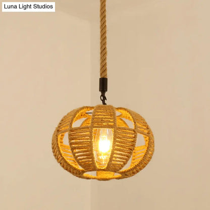 Antique Caged Pendant Light with Hemp Rope - Brown 1-Light Pendant for Restaurants