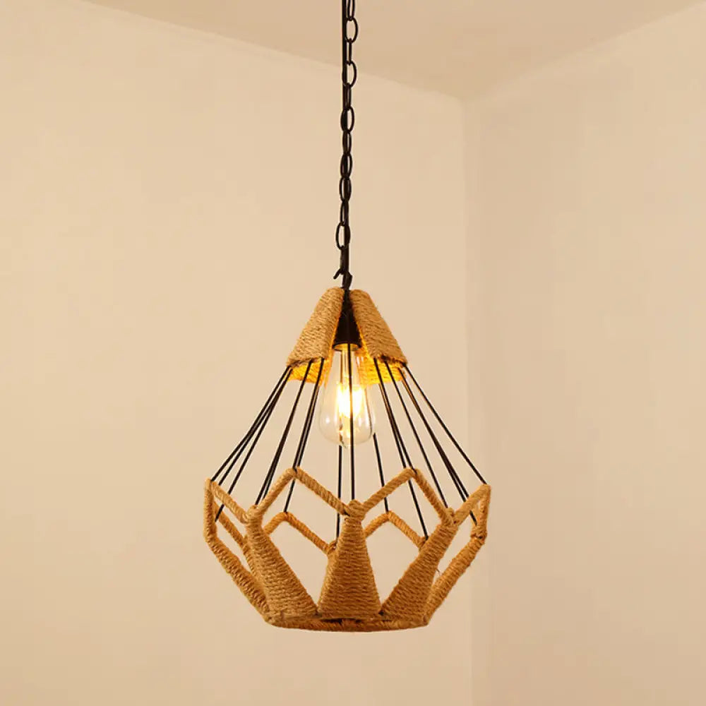 Antique Caged Pendant Light with Hemp Rope - Brown 1-Light Pendant for Restaurants