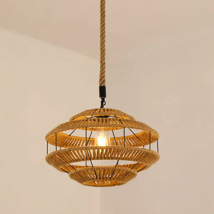 Antique Caged Pendant Light with Hemp Rope - Brown 1-Light Pendant for Restaurants