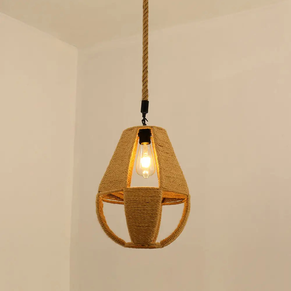 Antique Caged Pendant Light with Hemp Rope - Brown 1-Light Pendant for Restaurants