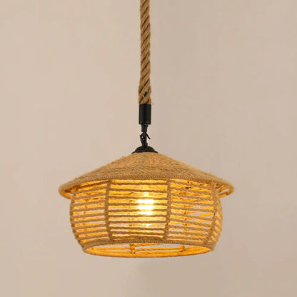 Antique Caged Pendant Light with Hemp Rope - Brown 1-Light Pendant for Restaurants