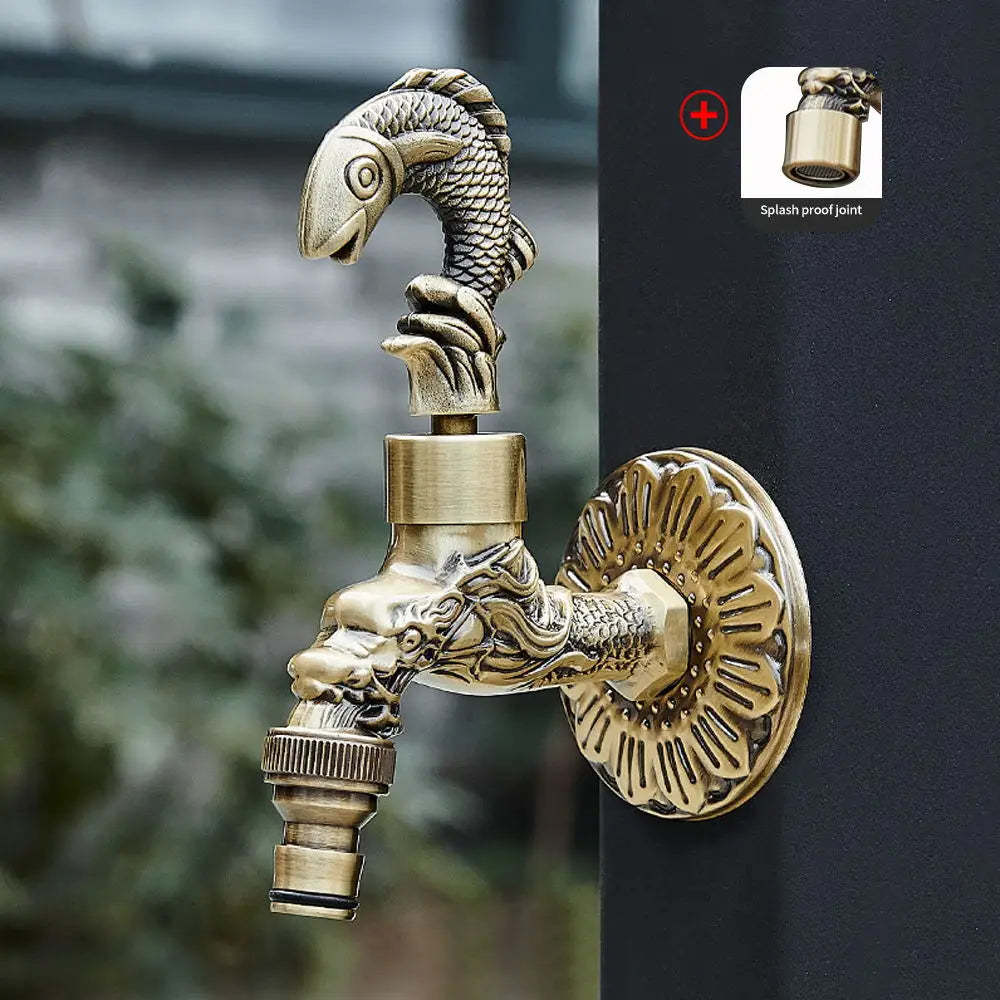 Antique carved bibcock brass faucet in brass finish with ornate fish and dragon designs for washing machine use