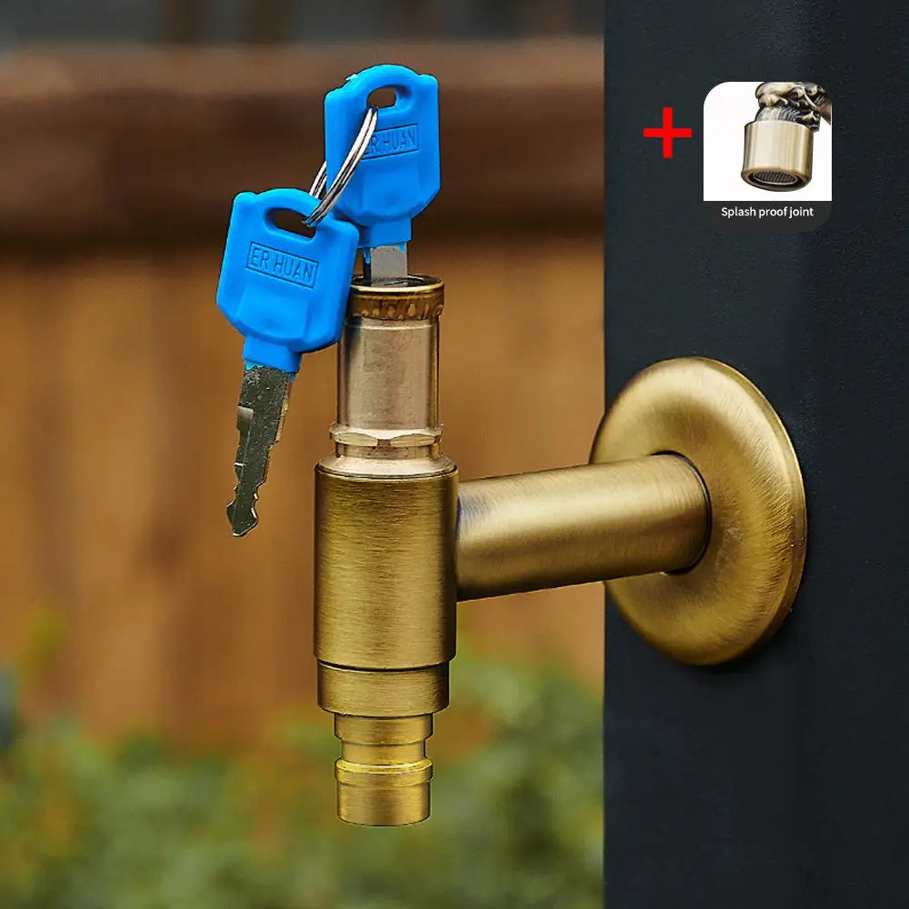 Antique carved brass bibcock faucet with bright blue keys for outdoor garden taps and washing machine use