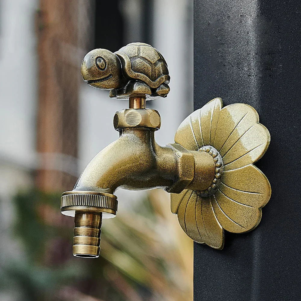 Antique carved bibcock brass faucet with turtle handle and floral plate for outdoor garden washing machine use