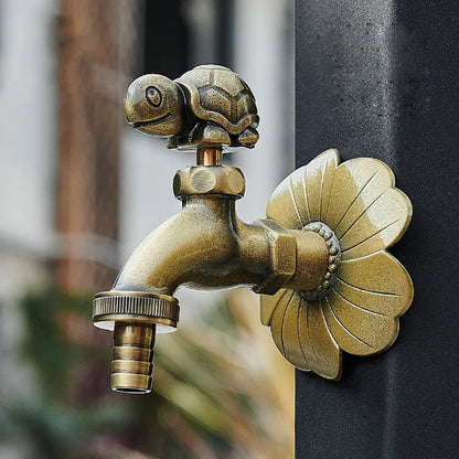 Antique carved bibcock brass faucet with turtle handle and floral plate for outdoor garden washing machine use