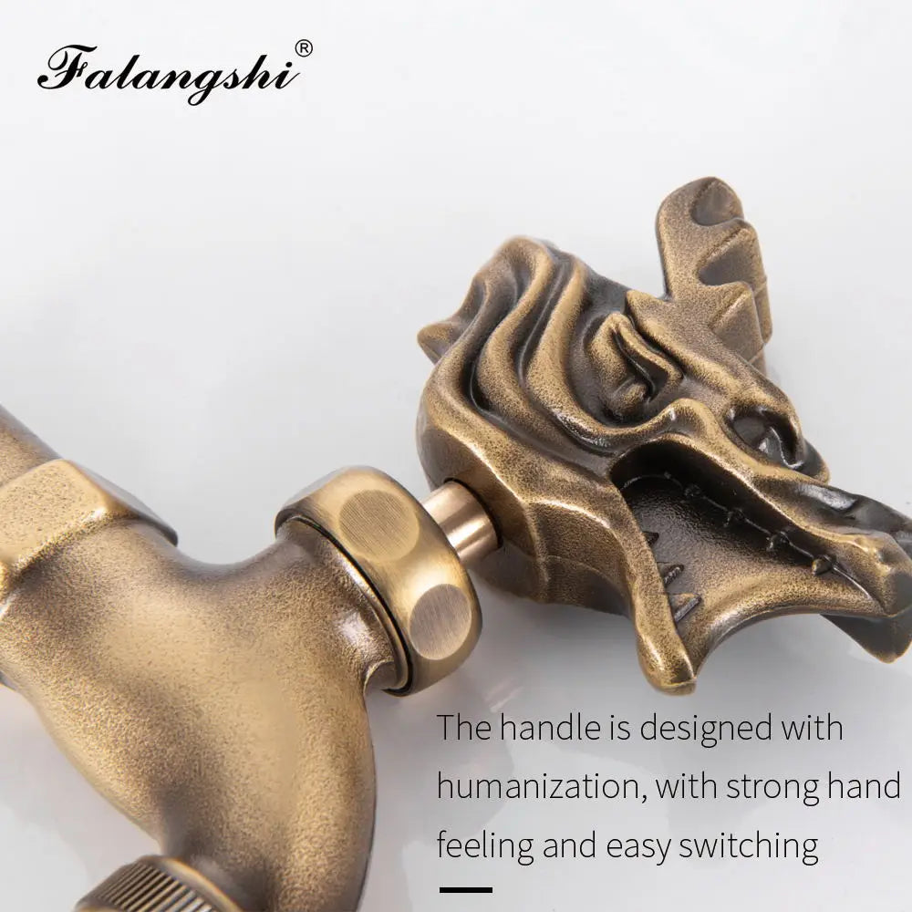 Antique brass faucet with dragon-head handle and textured grip for outdoor garden taps and washing machine use