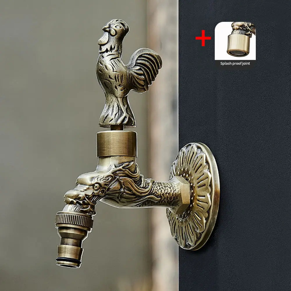 Antique carved brass bibcock faucet with ornate rooster and dragon designs for washing machine and outdoor use