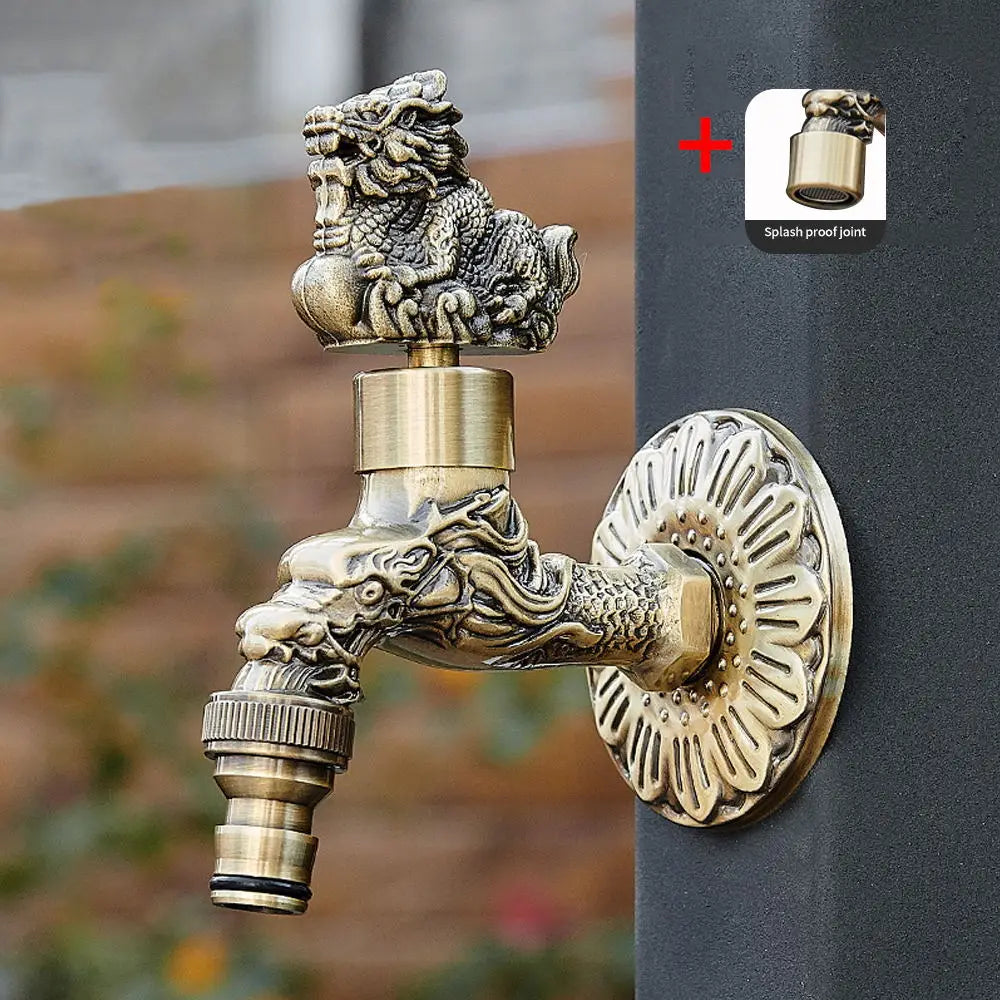 Antique carved brass bibcock faucet with brass dragon design and fluted wall plate for outdoor washing machine use