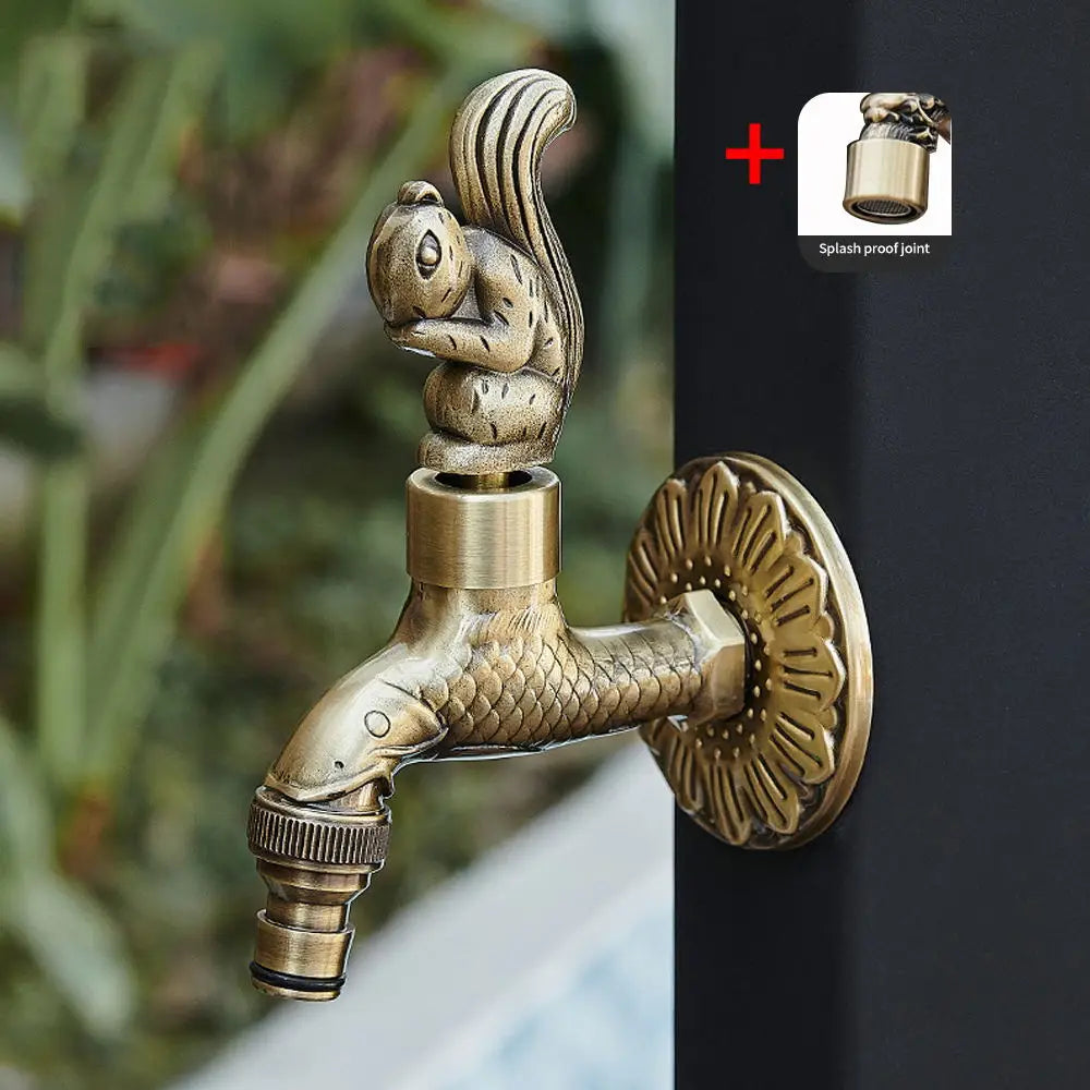 Antique carved bibcock brass faucet with squirrel and sunflower design for washing machine outdoor use and garden taps