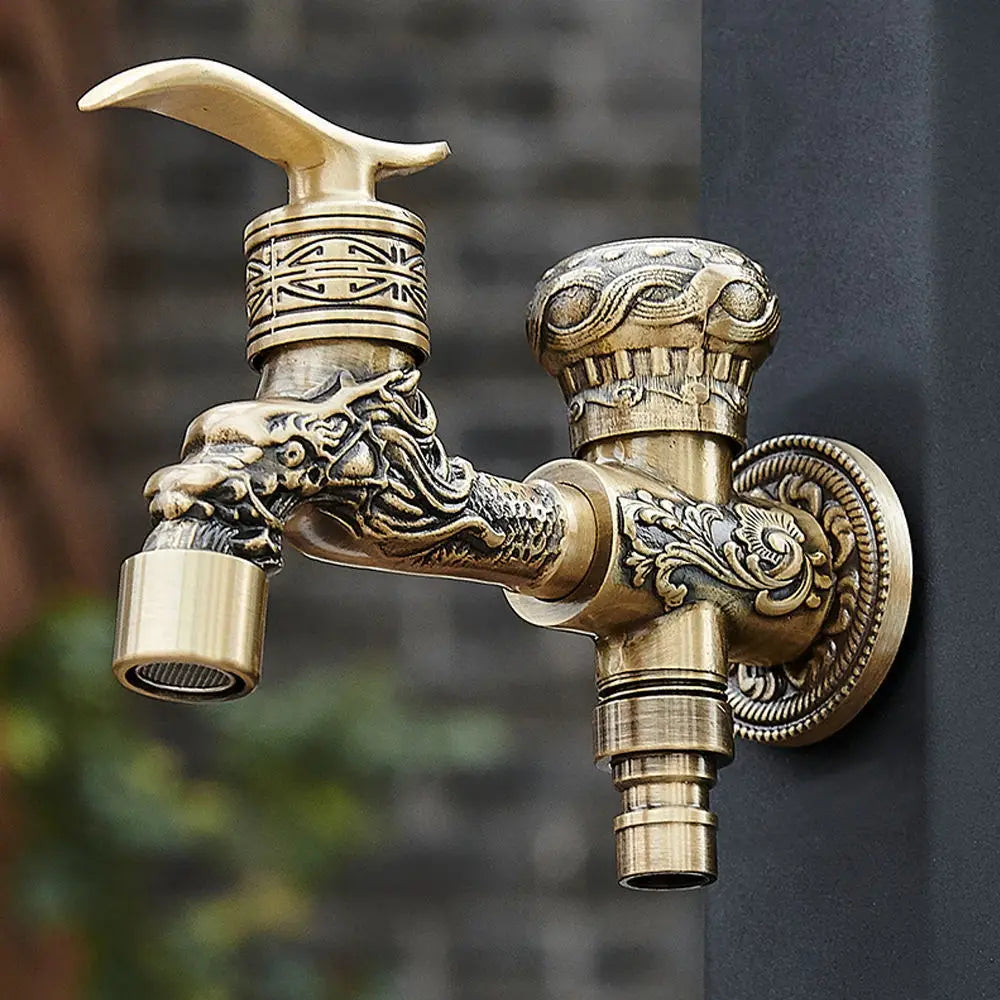 Antique carved bibcock brass faucet with dragon and scrollwork design for washing machine and outdoor garden use