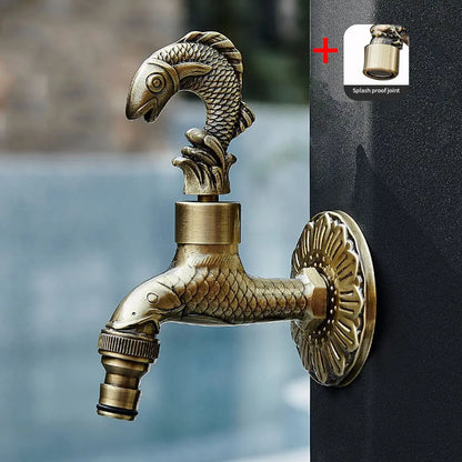 Antique carved bibcock brass faucet with fish-themed detailed scales for washing machine and garden use