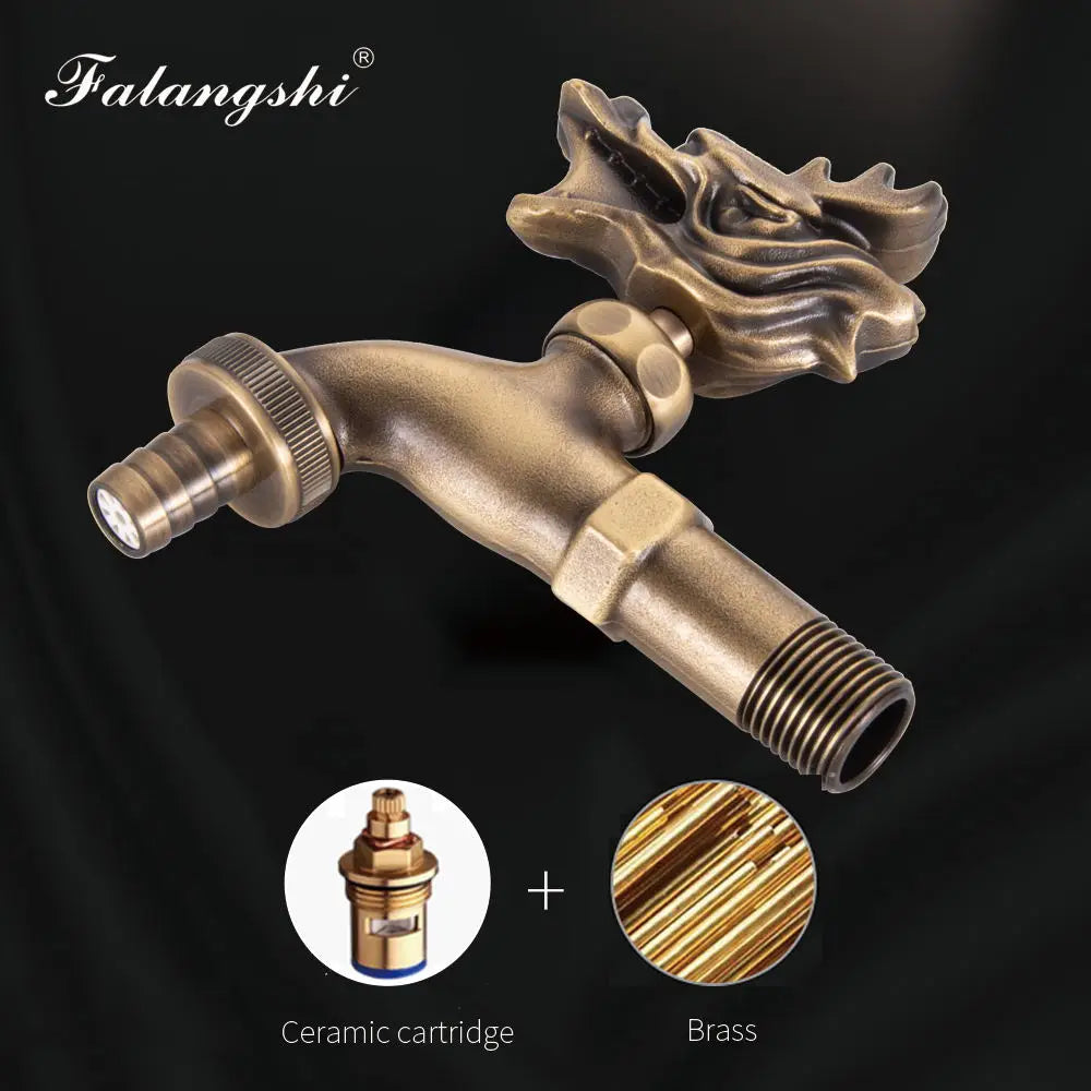 Antique carved bibcock brass faucet with detailed dragon head design for washing machine and outdoor use