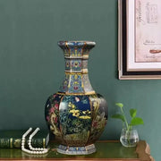Antique ceramic vase 24cm decorative blue and gold enamel with intricate floral and bird motifs
