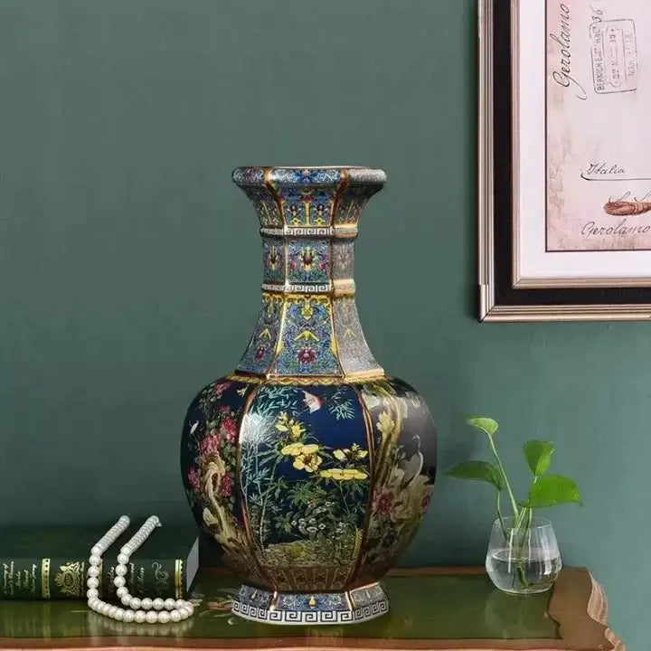 Antique ceramic vase 24cm decorative blue and gold enamel with intricate floral and bird motifs
