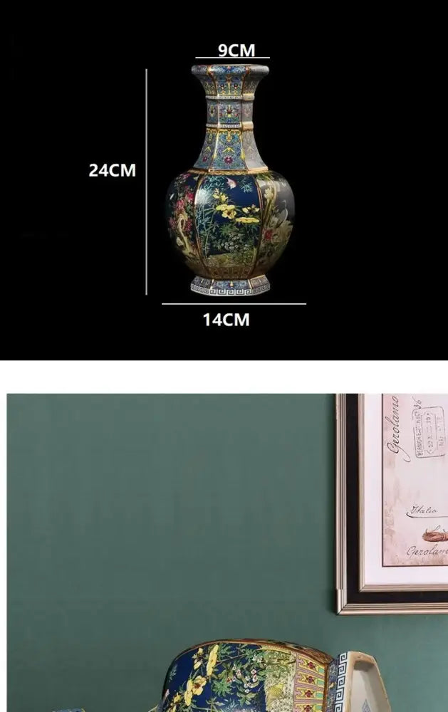 Antique ceramic vase 24cm dark blue ceramic vase with intricate gold and multicolored floral patterns for decor